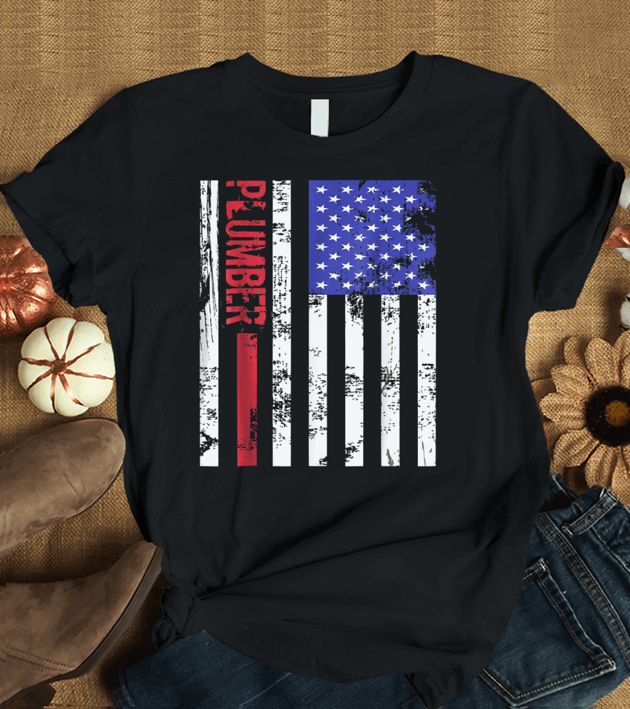 Plumber Vertical US Flag Stars and Stripes Grunge T-Shirt