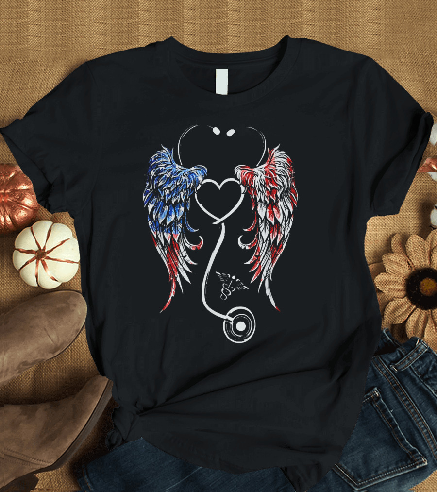 Nurse Angel Wings Heart Stethoscope Red White Blue T-Shirt