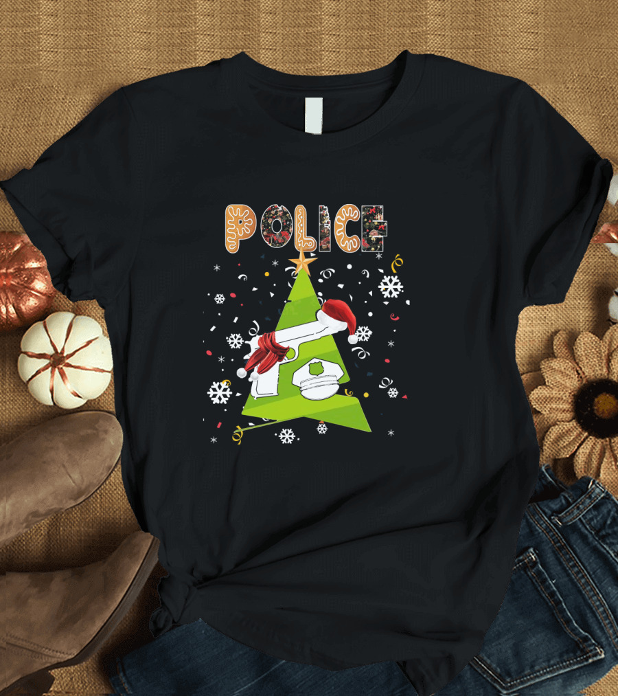Police Christmas Tree Gingerbread Snowflakes Santa Hat T-Shirt