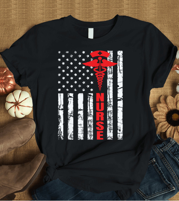 T-Shirt: Patriotic American Nurse USA Flag with Caduceus T-Shirt Patriotic American Nurse USA Flag with Caduceus T-Shirt