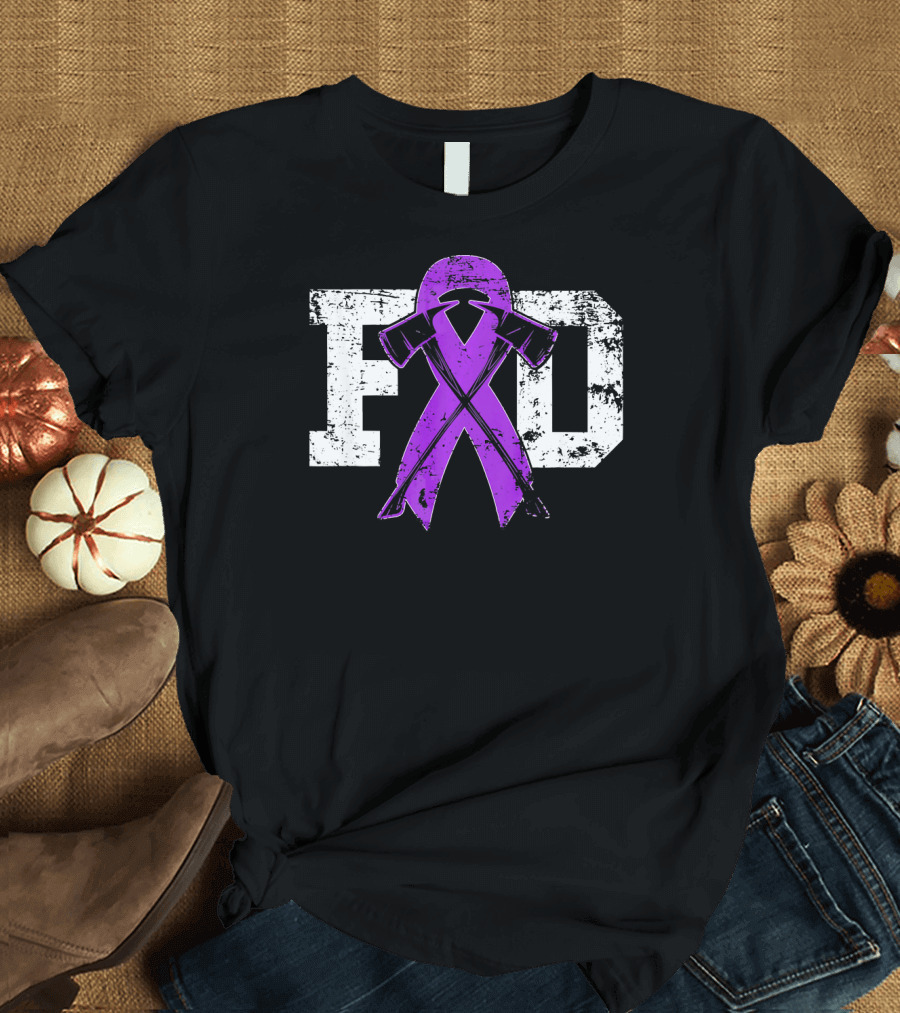 FD Purple Ribbon Axes Pancreatic Cancer Awareness Firefighter T-Shirt