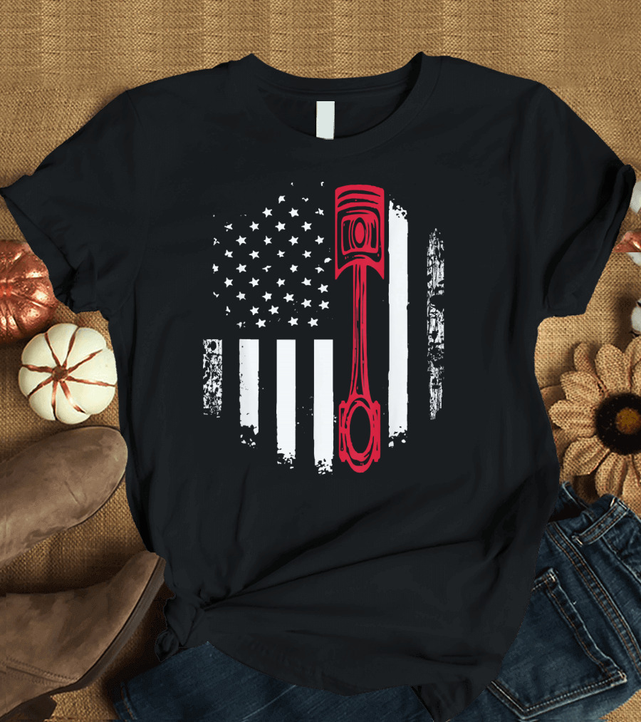 USA Flag Stars Stripes Red Piston Auto Mechanic T-Shirt