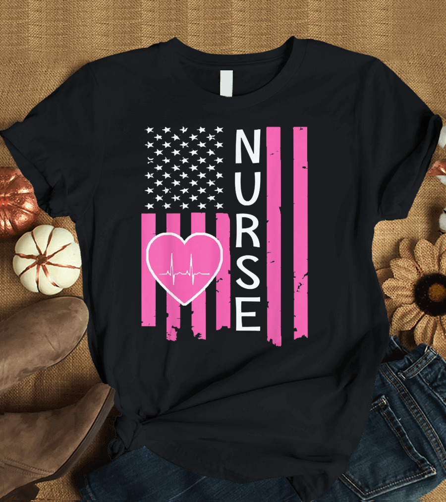 Nurse American Flag Heartbeat T-Shirt