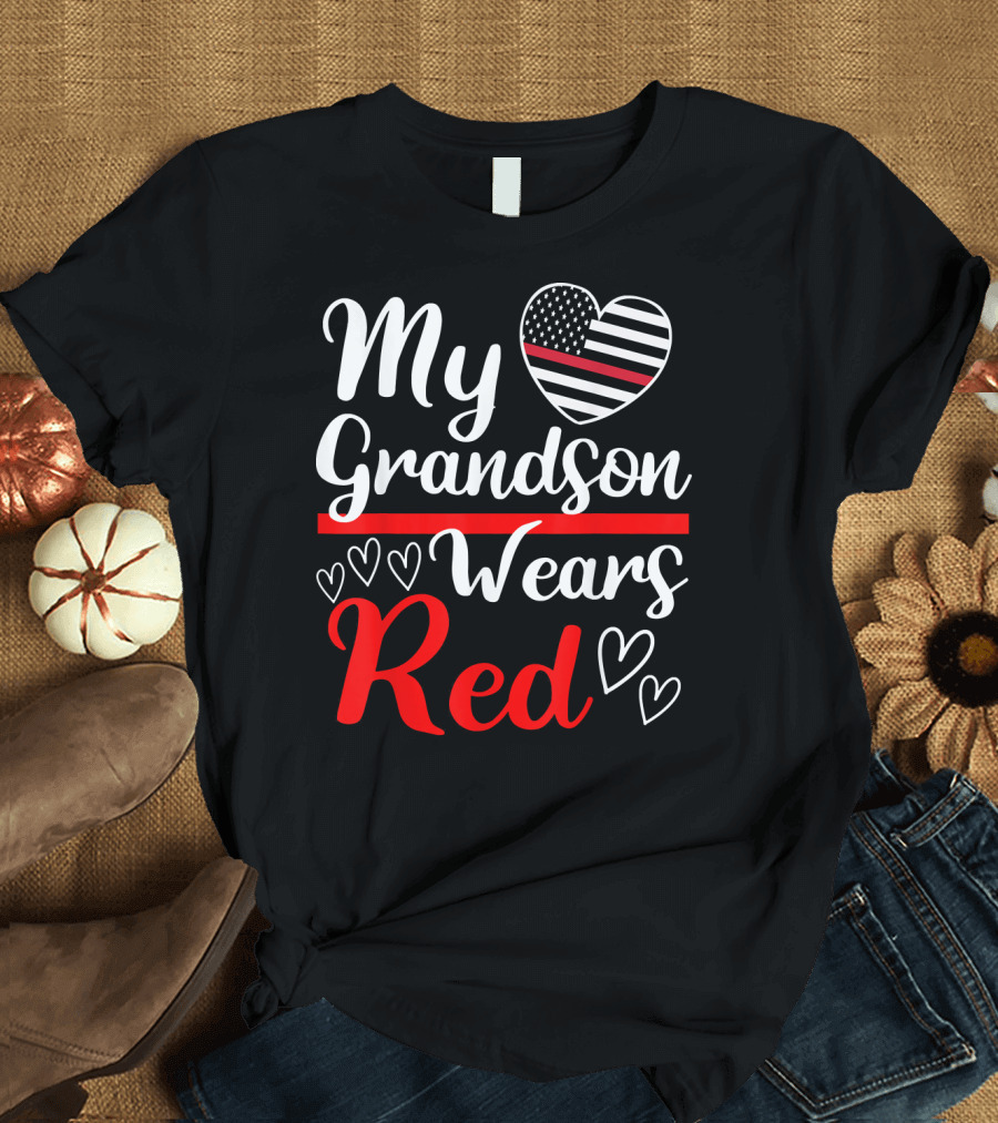 My Grandson Wears Red Heart American Flag Stripe T-Shirt