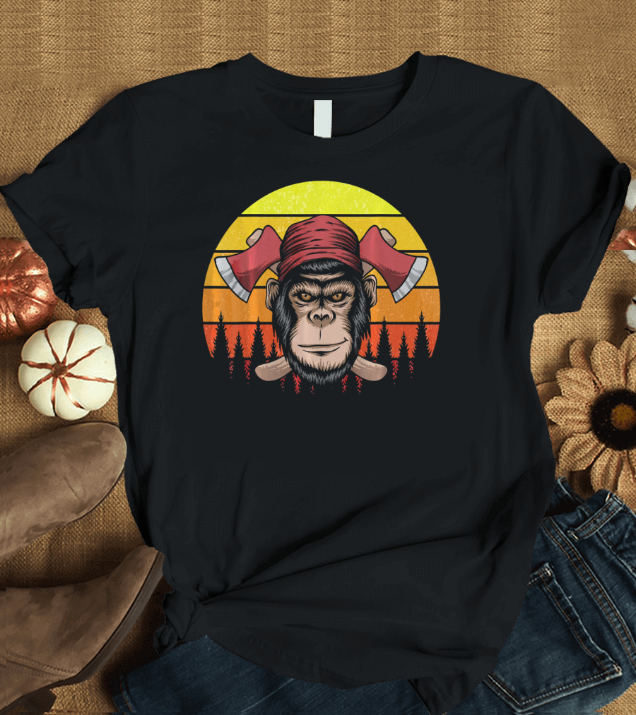 Retro Vintage Sunset Monkey with Axes Lumberjack Forest Scene T-Shirt