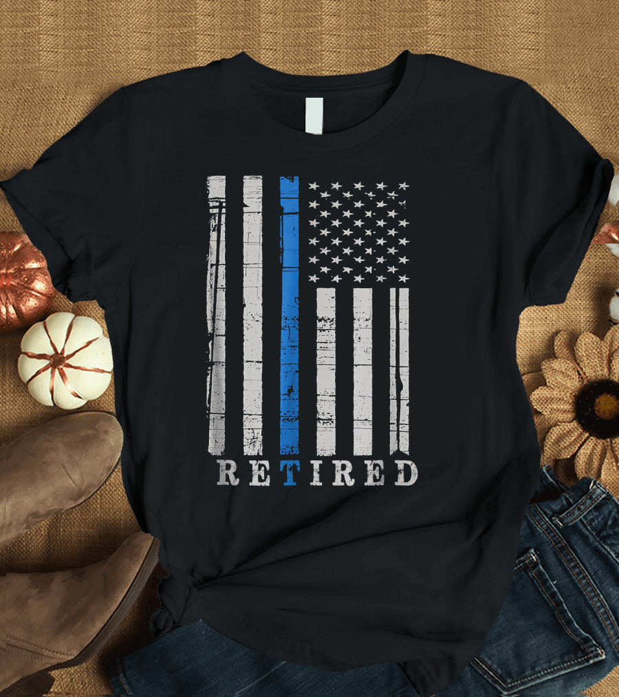 Retired Thin Blue Line American Flag Police Officer T-Shirt