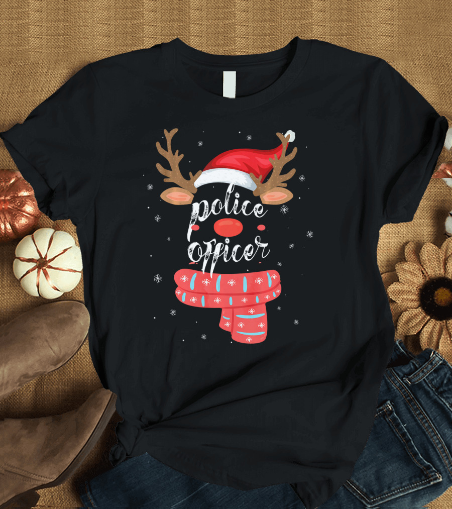 Police Officer Reindeer Christmas Santa Hat Scarf T-Shirt