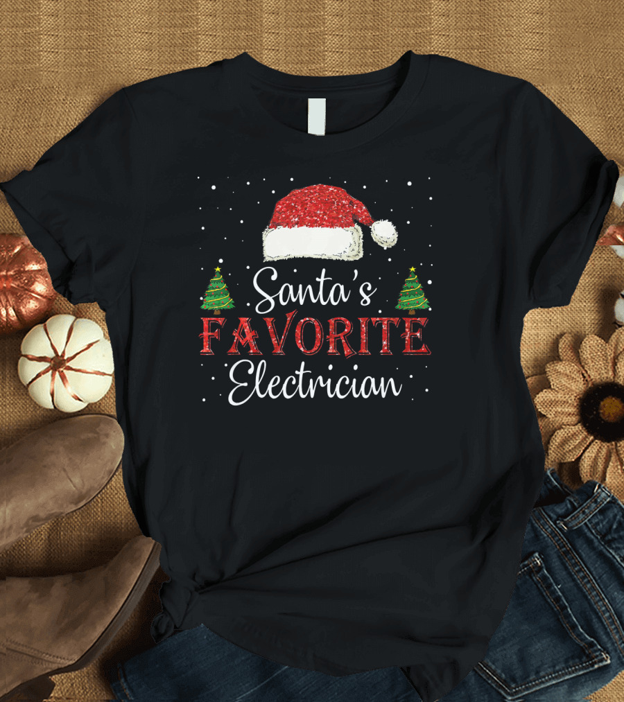 Santa's Favorite Electrician Christmas Hat and Trees T-Shirt