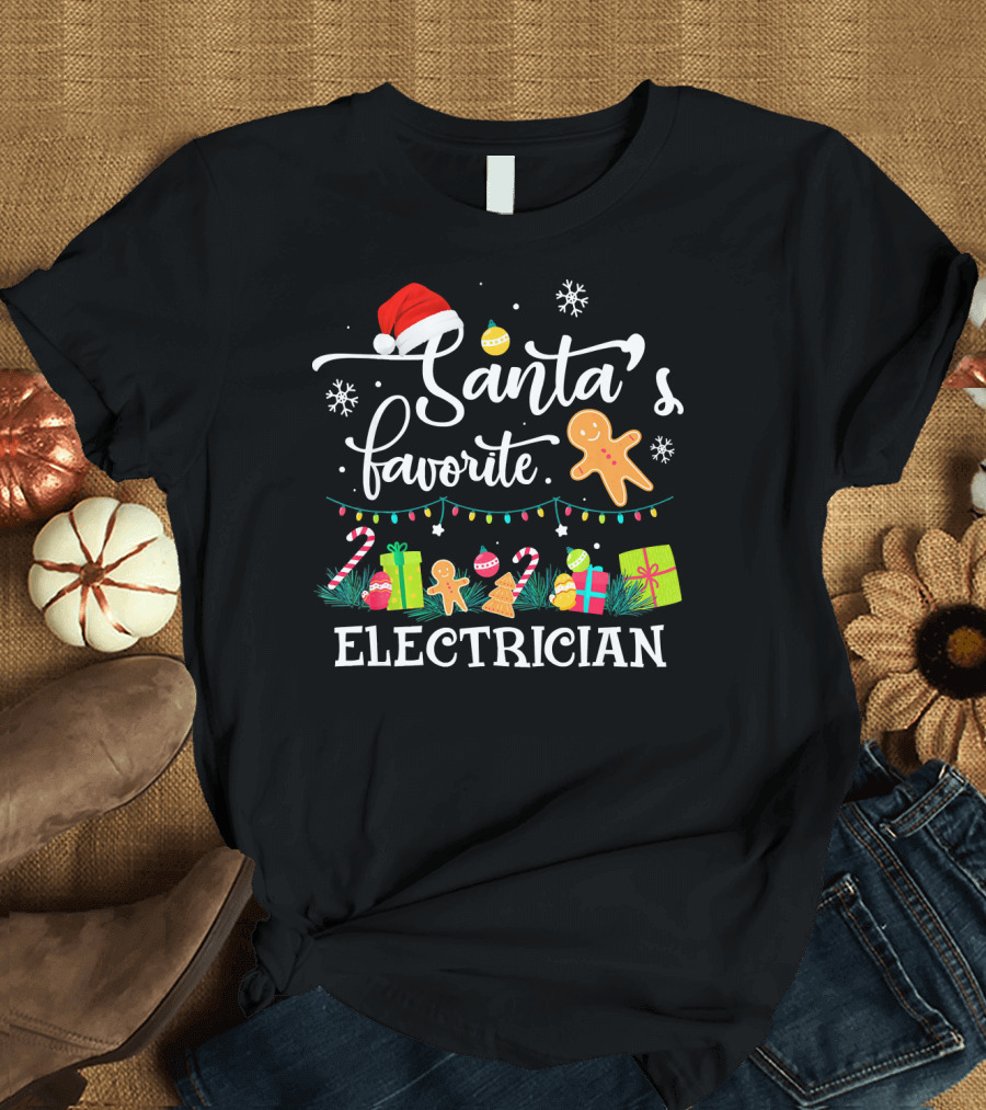 Santa's Favorite Electrician Christmas Gifts Candy Cane Gingerbread Snowflakes T-Shirt