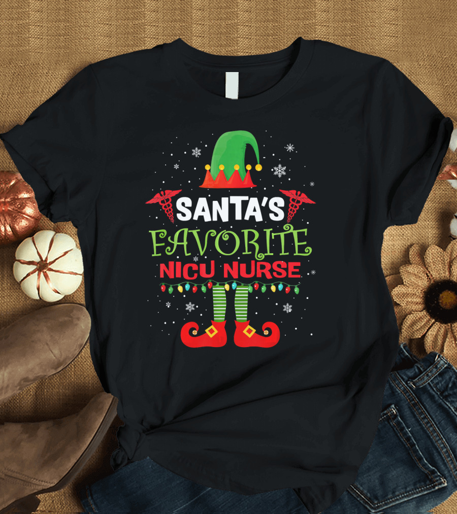 Santa's Favorite NICU Nurse Christmas Elf Hat Lights Snowflakes T-Shirt