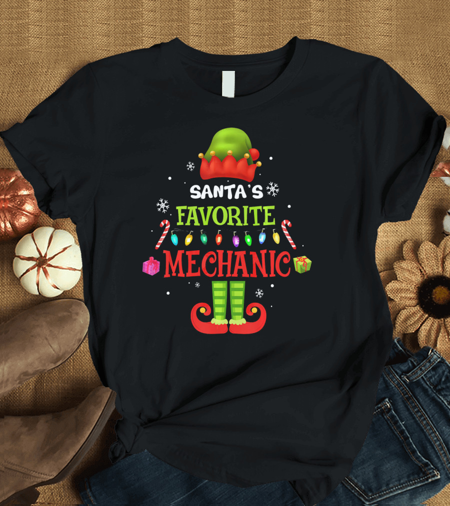 Santas Favorite Mechanic Christmas Elf T-Shirt