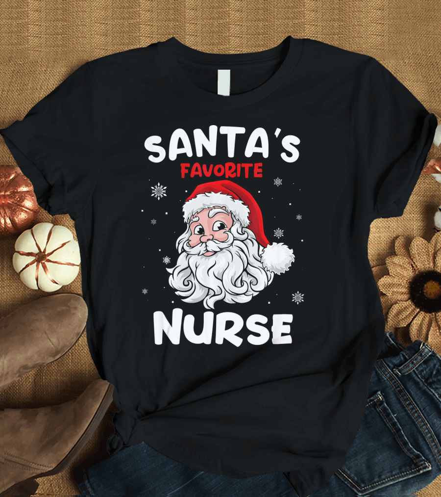 Santa's Favorite Nurse Christmas Co Snowflakes Santa Hat T-Shirt