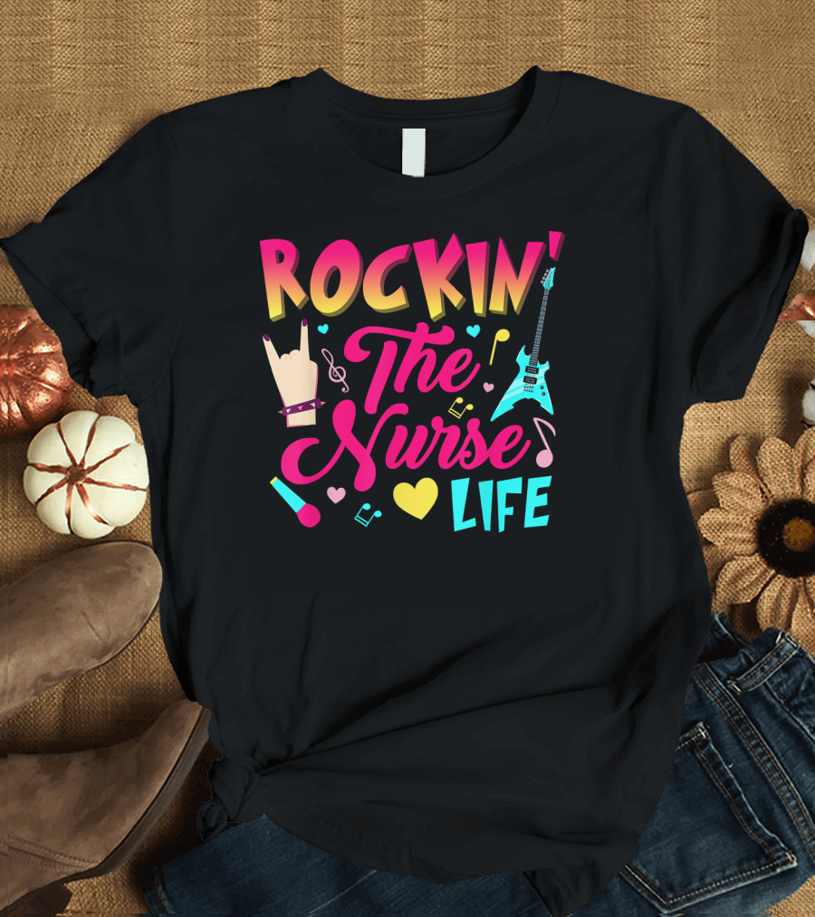 Rockin The Nurse Life with Musical Symbols and Guitar T-Shirt