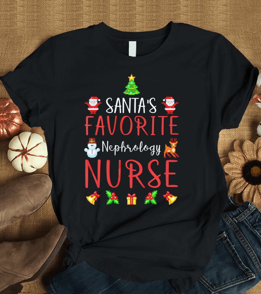 Santa's Favorite Nephrology Nurse Christmas Tree Snowman Reindeer Ornaments T-Shirt
