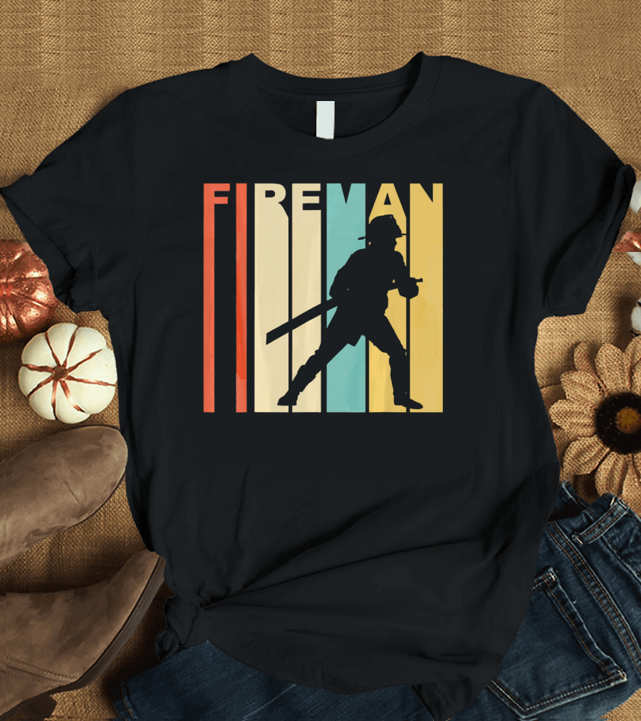 FIREMAN Retro 1970s Style Silhouette Vintage Color Stripes T-Shirt