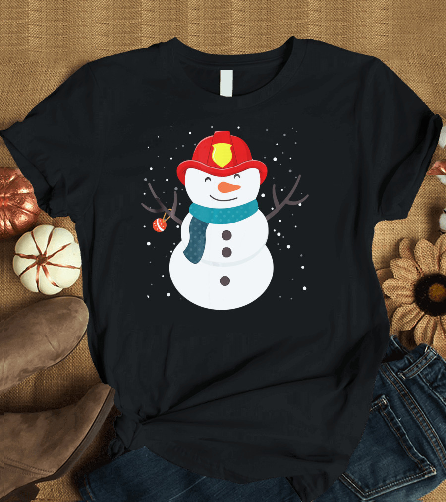 Proud Firefighter Snowman Red Helmet Blue Scarf Winter T-Shirt