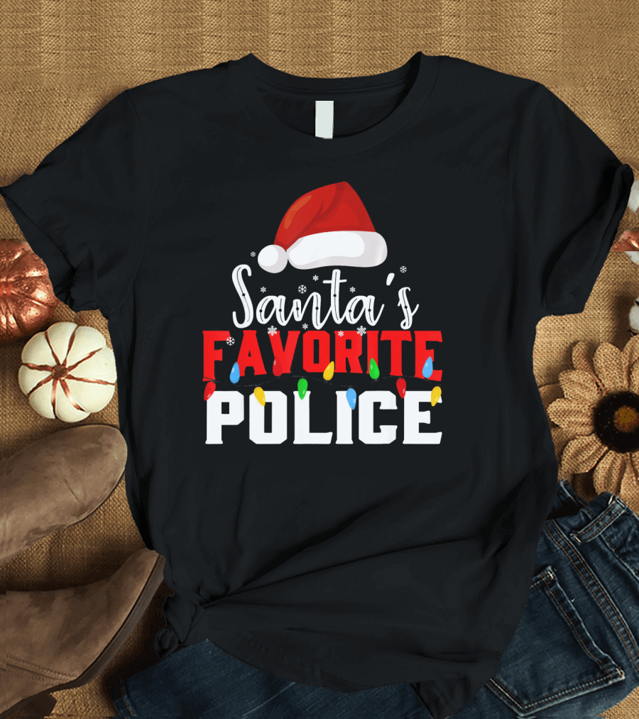 Santa's Favorite Police Christmas Lights Hat Snowflakes T-Shirt