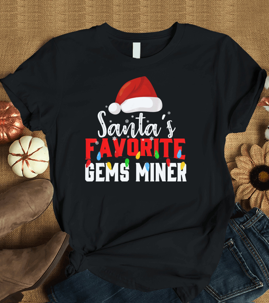 Santa's Favorite Gems Miner Christmas Lights and Santa Hat T-Shirt