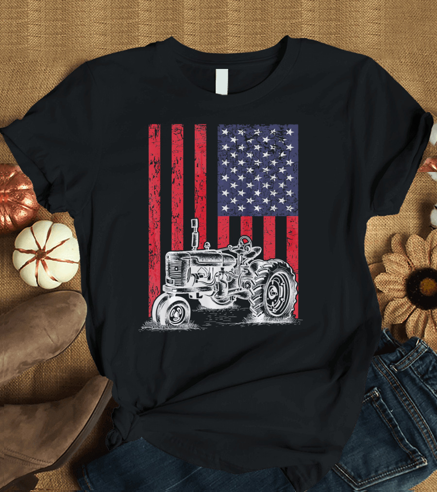 Vintage Tractor with American Flag Background T-Shirt