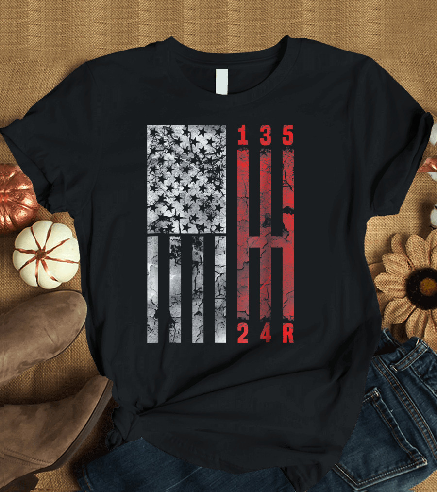 Stick Shift American Flag Gear Pattern with Muscle Car Numbers T-Shirt