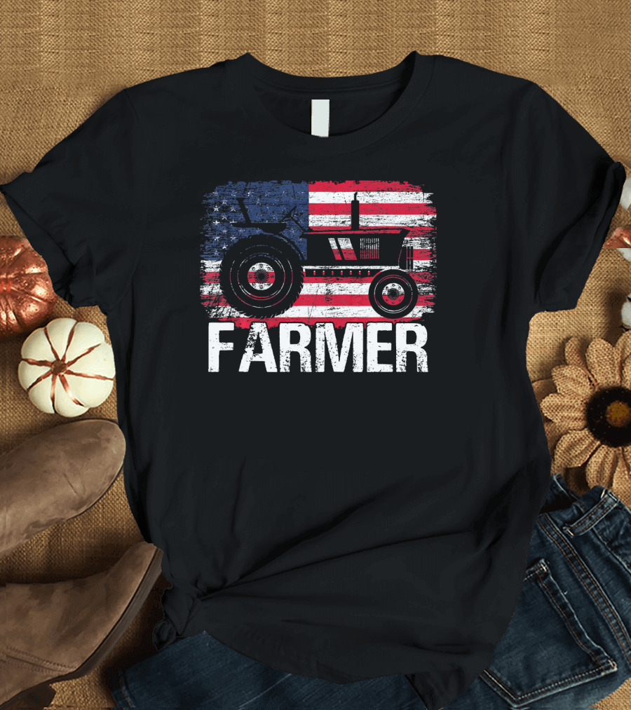 Farmer Vintage American Flag Tractor T-Shirt