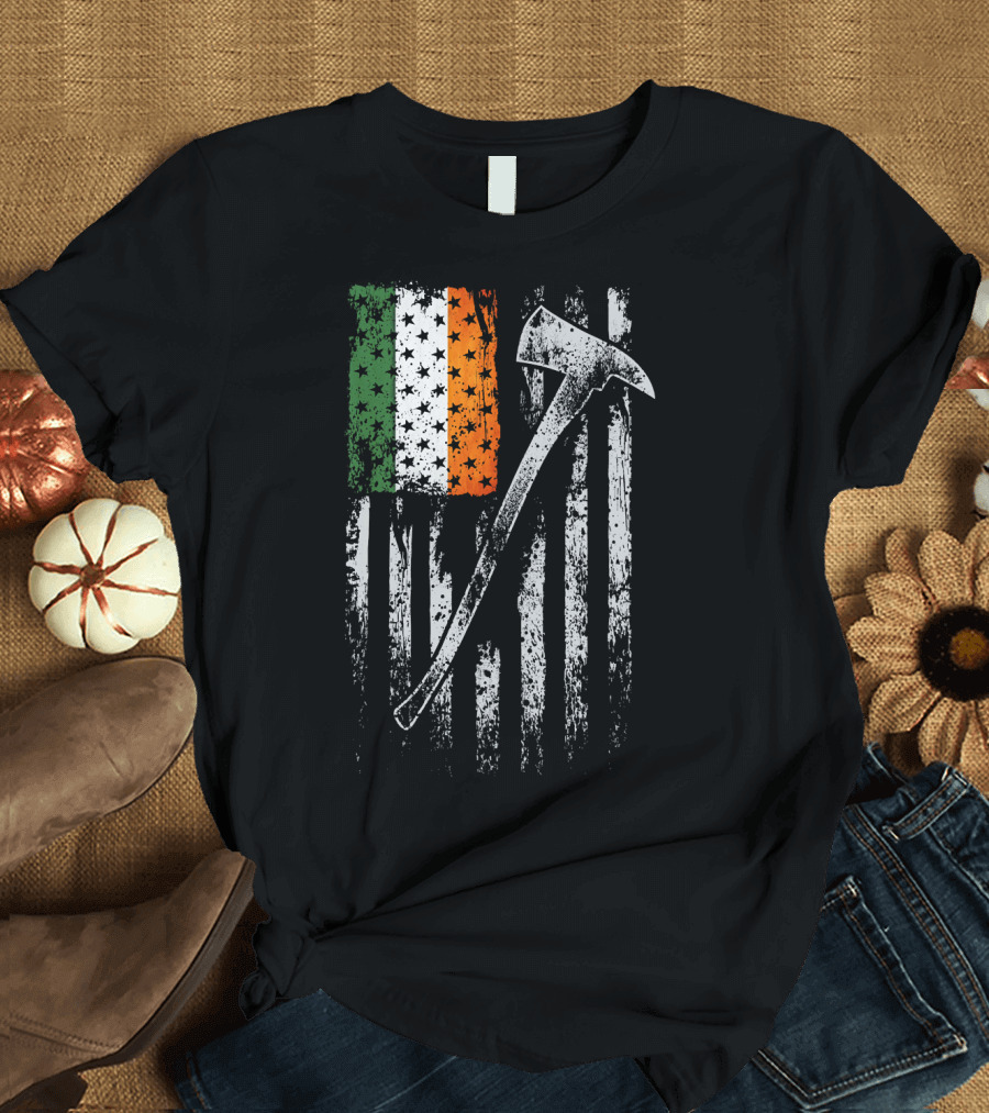St Patricks Day Firefighter Ax Irish American Flag T-Shirt