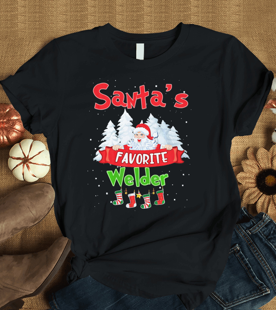 Santa's Favorite Welder Christmas Design with Santa Claus and Snowy Trees T-Shirt