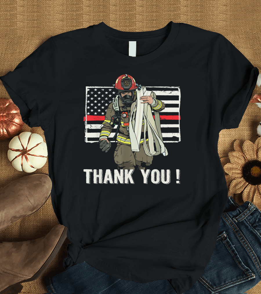 Thank You Firefighter with US Flag and Red Line T-Shirt