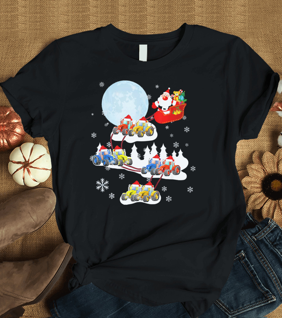 Tractor Santa Sleigh Moon Snowflake Christmas Scene T-Shirt