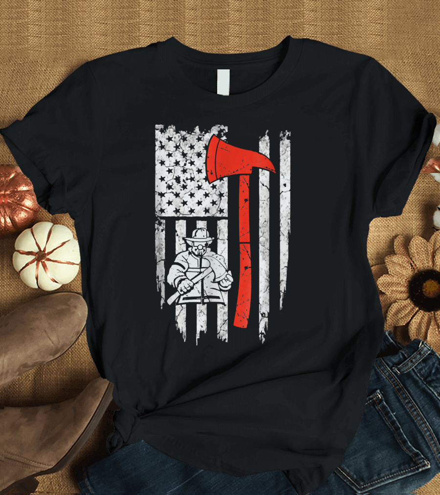 Firefighter Thin Red Line USA Flag with Axe and Fireman T-Shirt