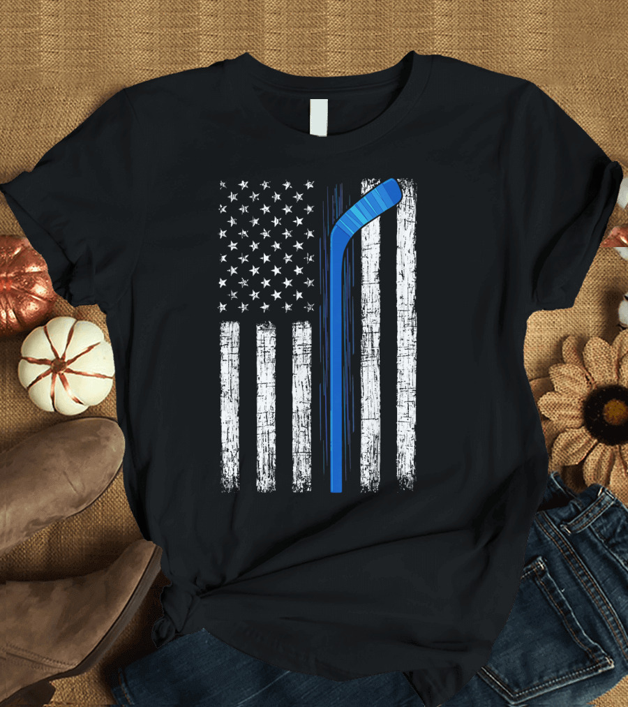 Thin Blue Line American Flag Hockey Stick USA T-Shirt