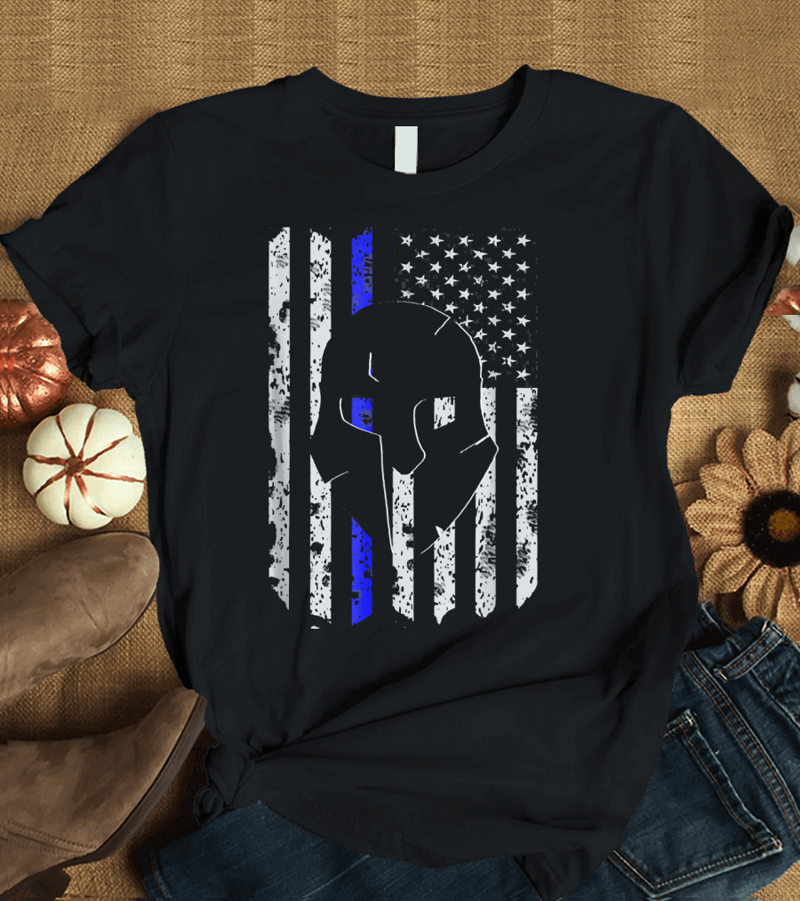 Thin Blue Line Spartan Warrior American Flag T-Shirt