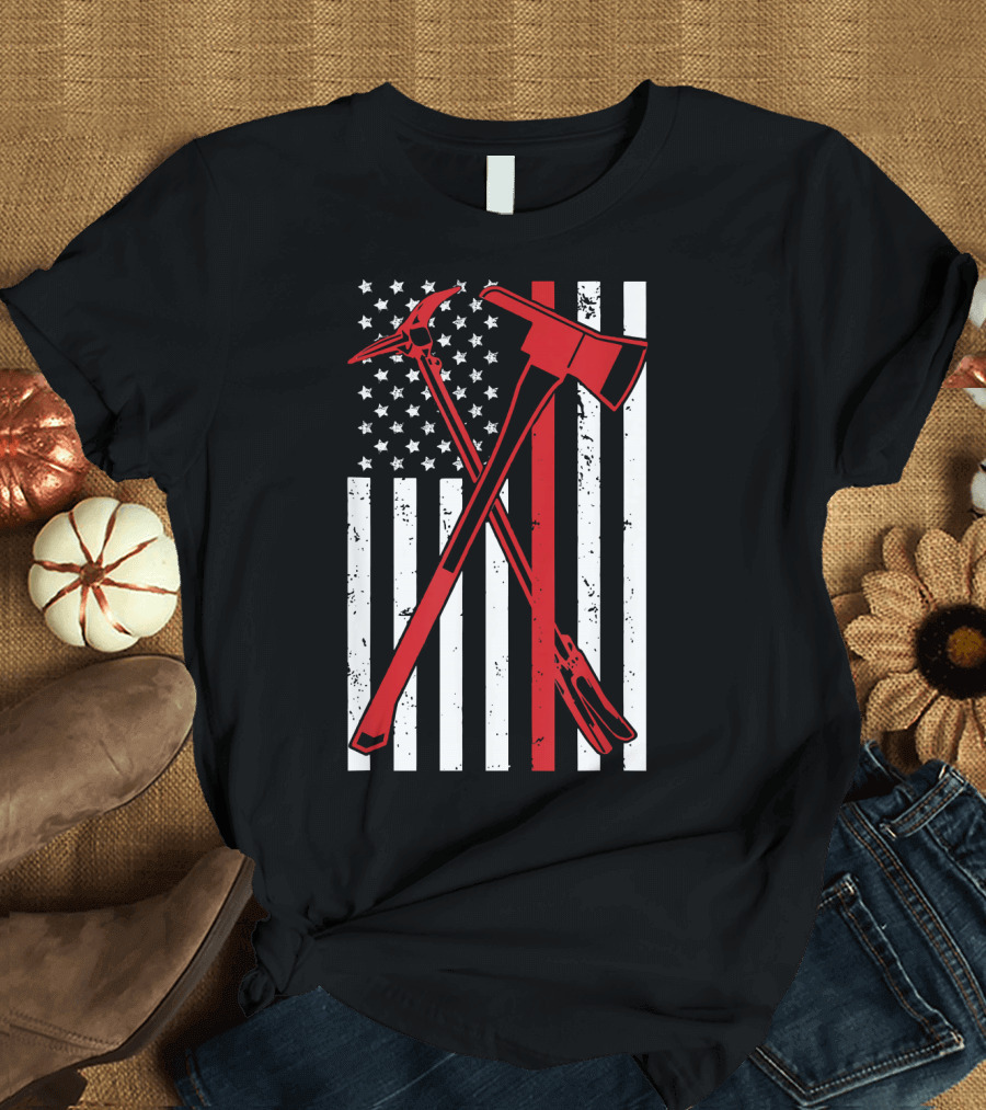 Thin Red Line Firefighter Axes American Flag USA T-Shirt