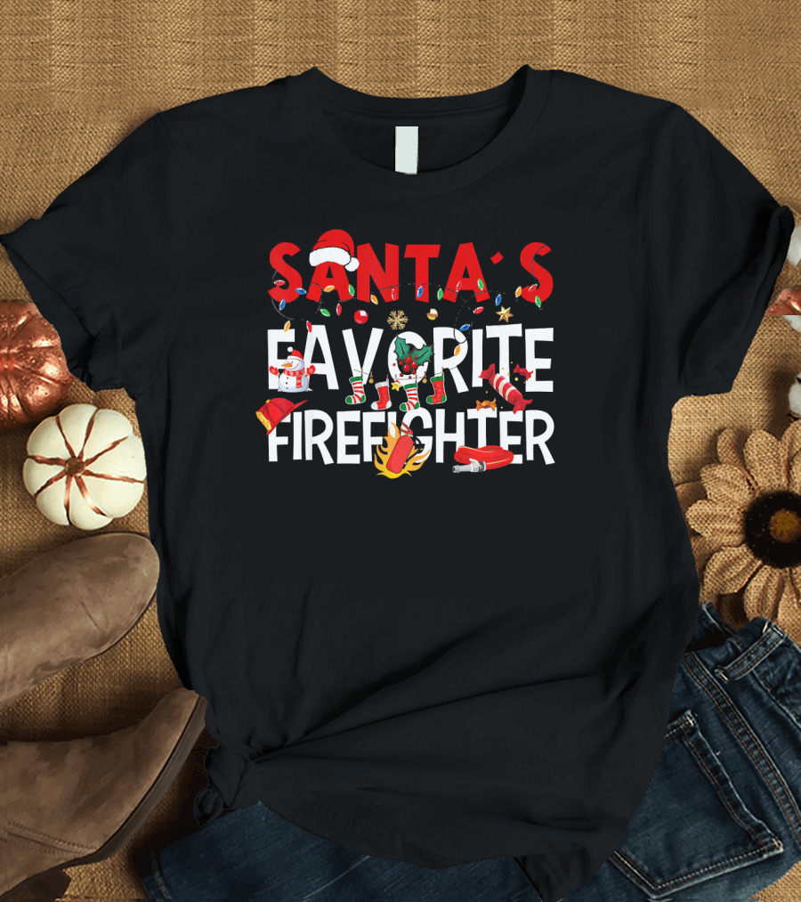 Santa's Favorite Firefighter Christmas Lights Snowman Candy Cane Fire Extinguisher T-Shirt