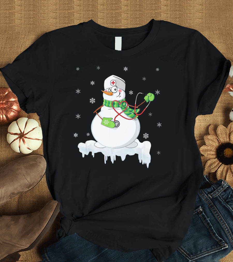 Snowman with Nurse Hat Stethoscope and Green Mittens on Ice with Snowflakes and Carrot Nose T-Shirt