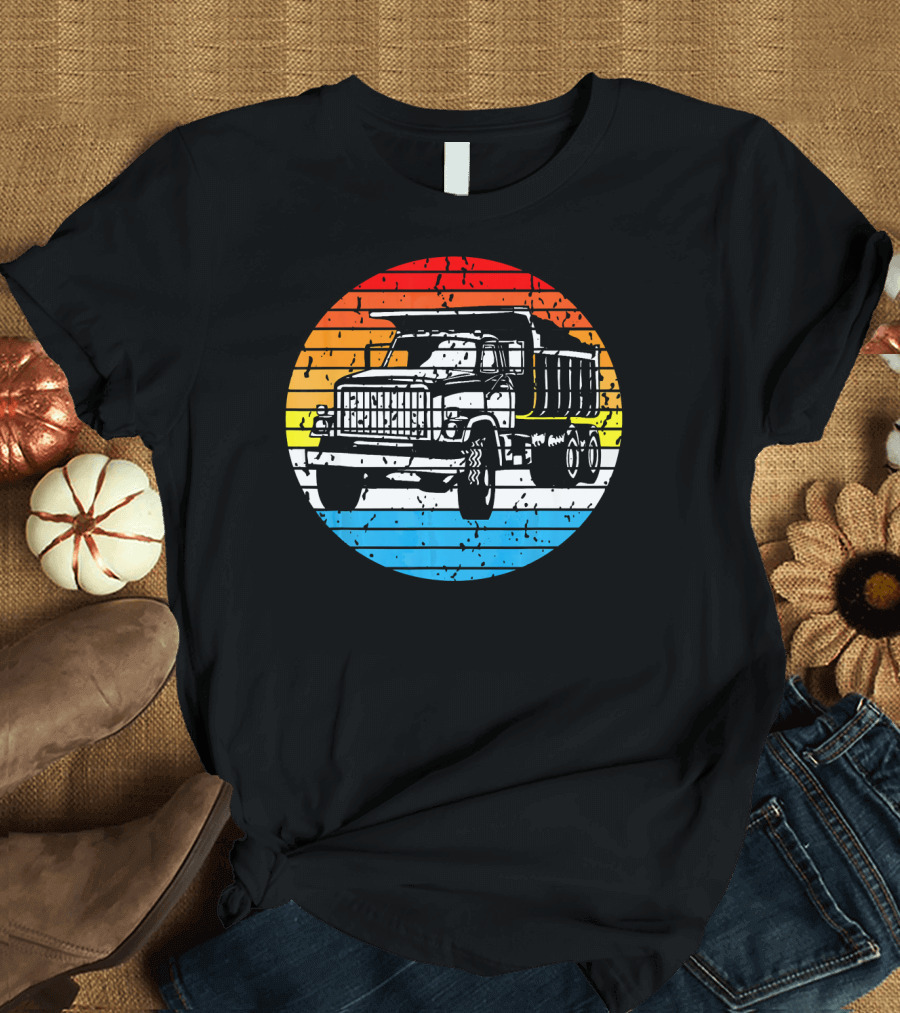 Trucker Truck Driver Retro Rainbow Stripe Dump Truck T-Shirt