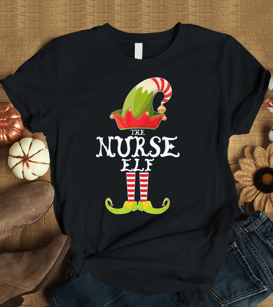 The Nurse Elf Christmas Funny Match Elf Hat and Striped Legs T-Shirt