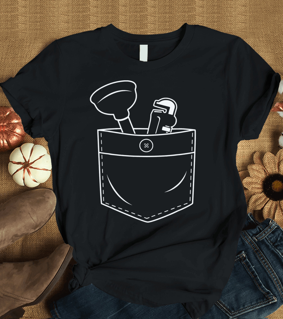 Pocket with Vintage Plumbing Tools Plunger and Wrench T-Shirt