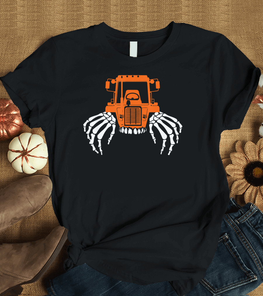 Tractor with Skeleton Hands Halloween Funny Farmer T-Shirt