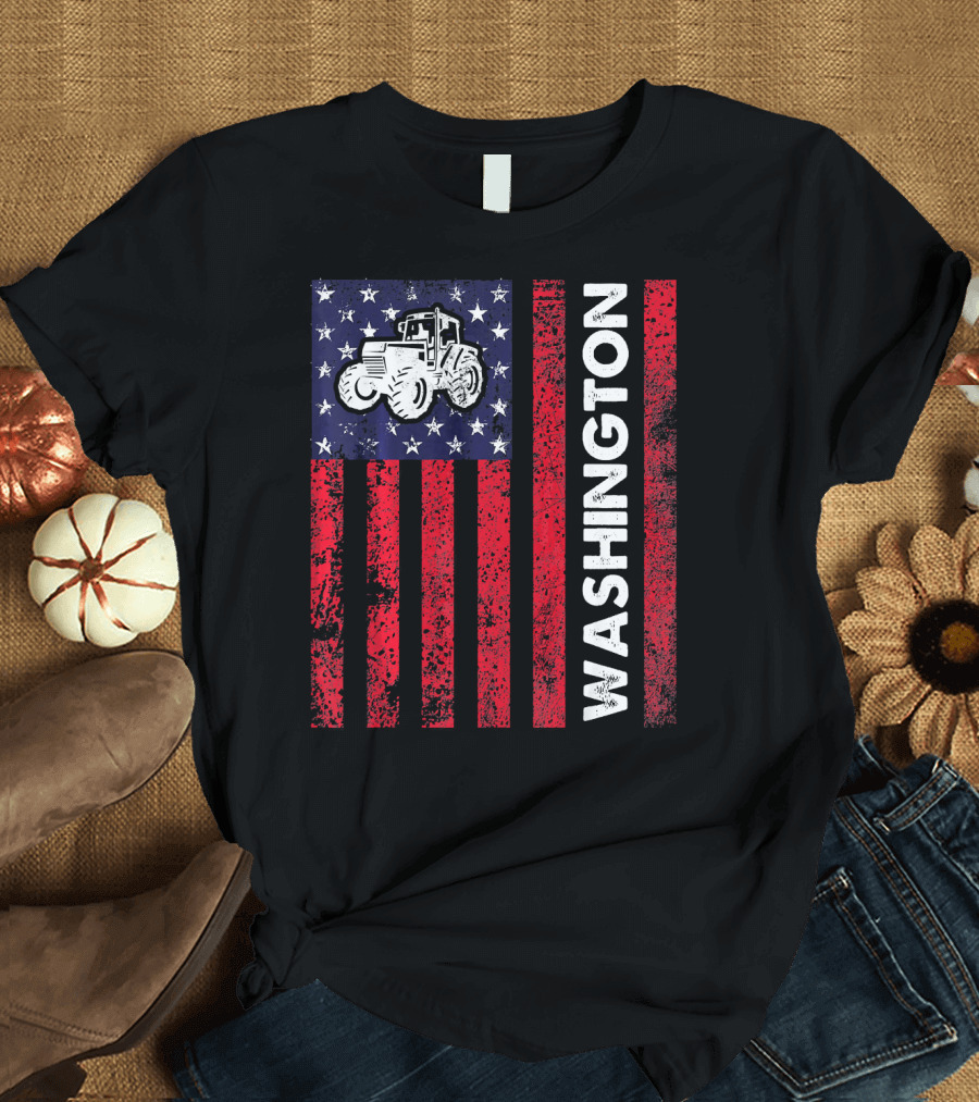 Washington Farmer Tractor USA Flag Patriotic Wit T-Shirt