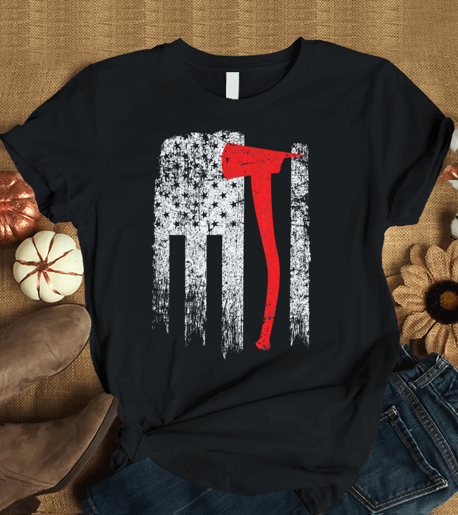 Vintage USA Firefighter American Flag Axe Red White Stars Stripes T-Shirt
