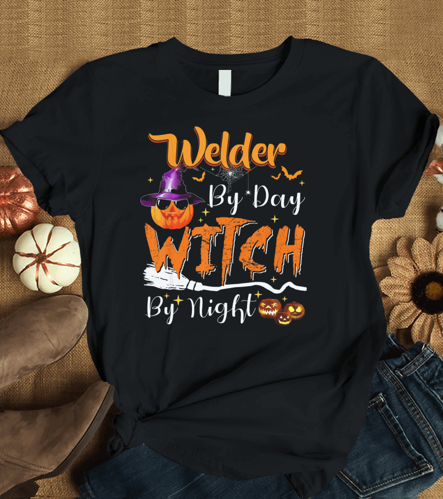 Welder By Day Witch By Night Pumpkin Broomstick Halloween Bats T-Shirt