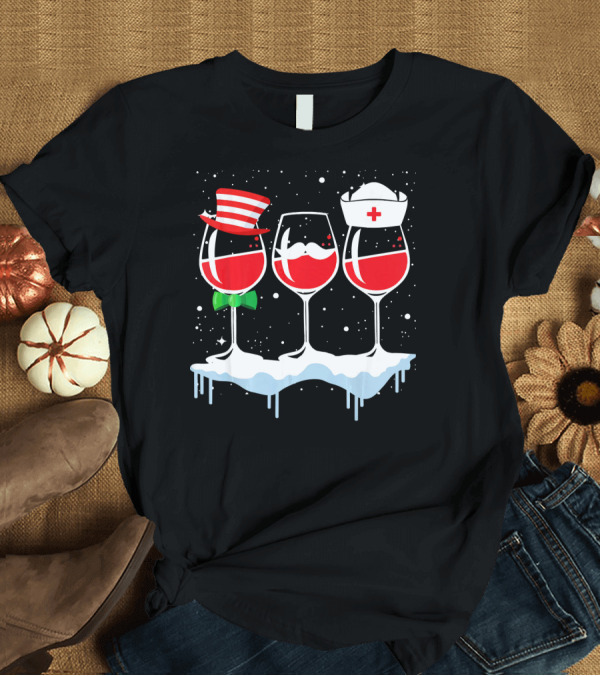 T-Shirt: Three Wine Glasses Christmas Lights Red Hat Nurse Snowflakes T-Shirt Three Wine Glasses Christmas Lights Red Hat Nurse Snowflakes T-Shirt