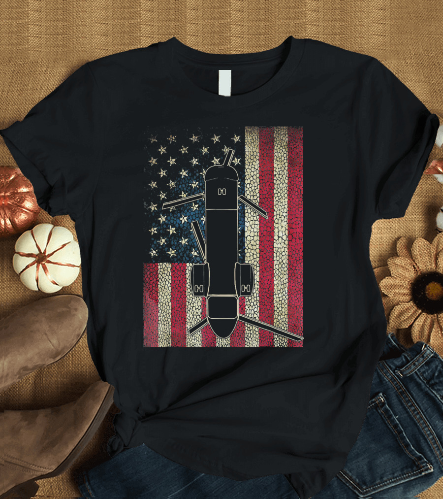 CH 46 Seaknight Helicopter on Vintage American Flag T-Shirt