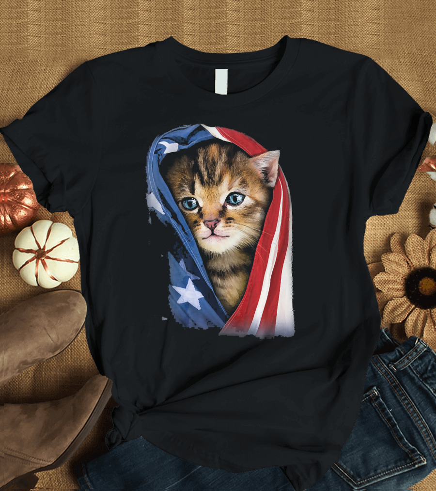 Cat Wrapped in American Flag Patriot Symbolism T-Shirt