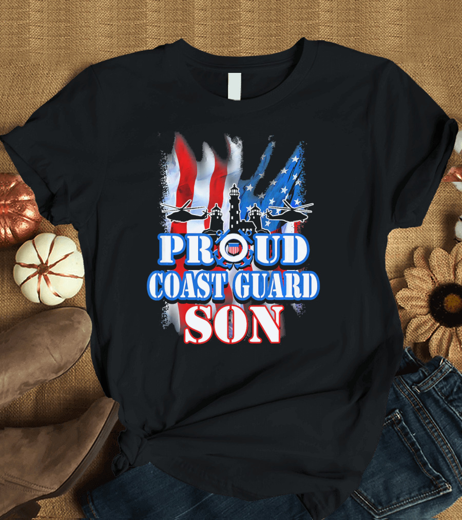 Proud Coast Guard Son USA Flag Helicopters Lighthouse T-Shirt