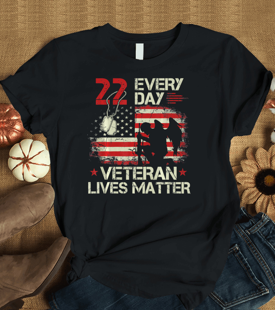 22 EVERY DAY U.S. Flag Angel Dog Tags Veteran Lives Matter T-Shirt
