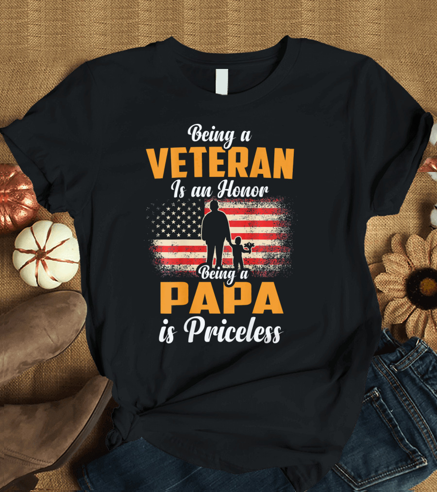 Being a Veteran Is an Honor Being a Papa Is Priceless American Flag Dad and Child T-Shirt