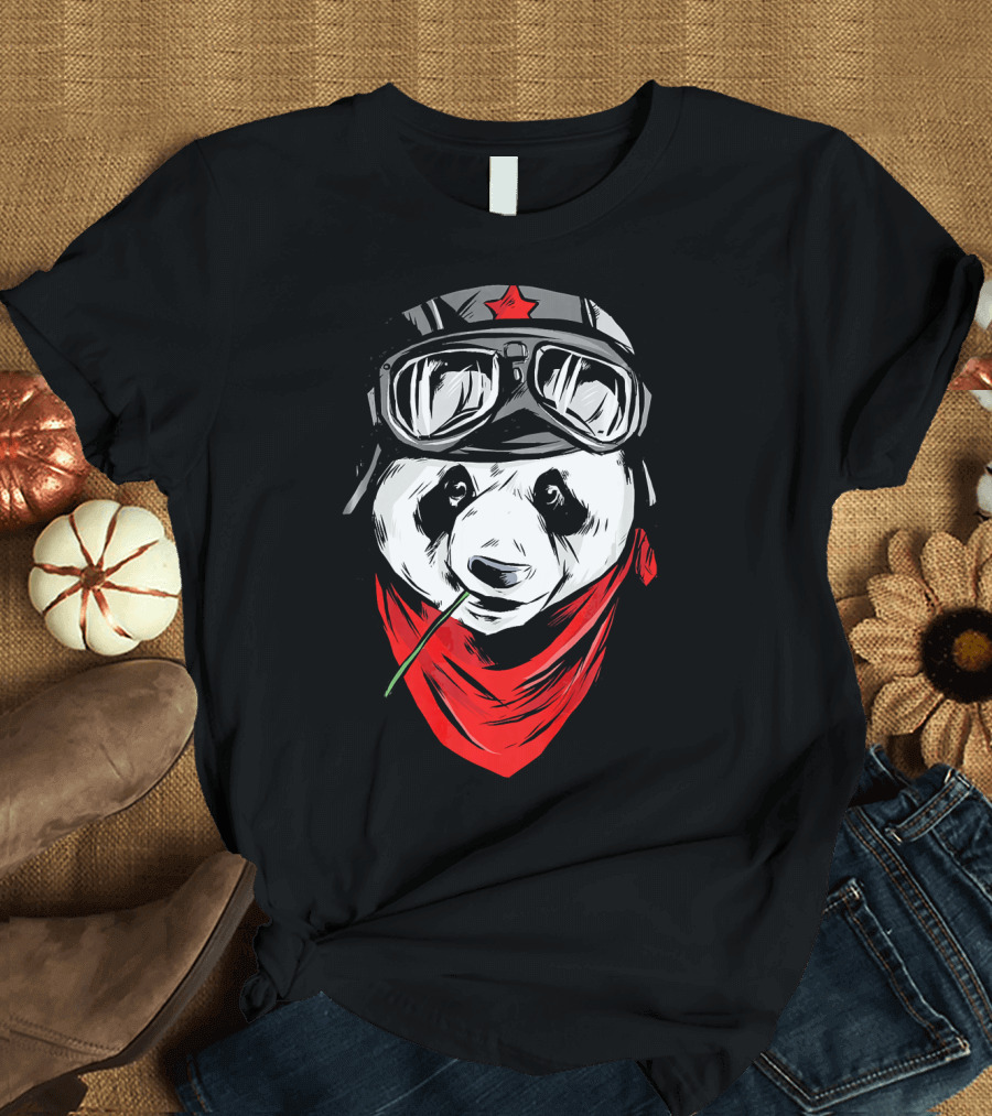 Cool Panda the Pilot Aviator with Goggles and Red Bandana T-Shirt