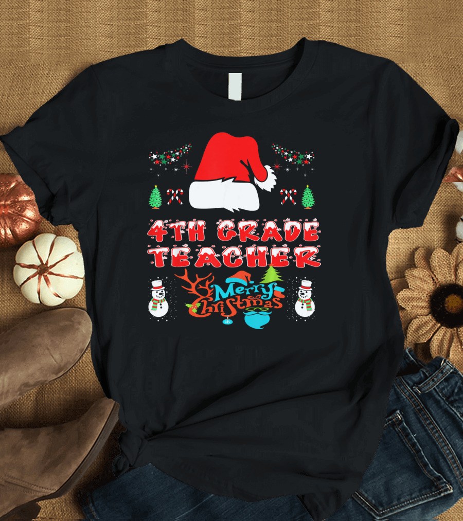 4th Grade Teacher Merry Christmas Santa Snowmen Candy Canes T-Shirt